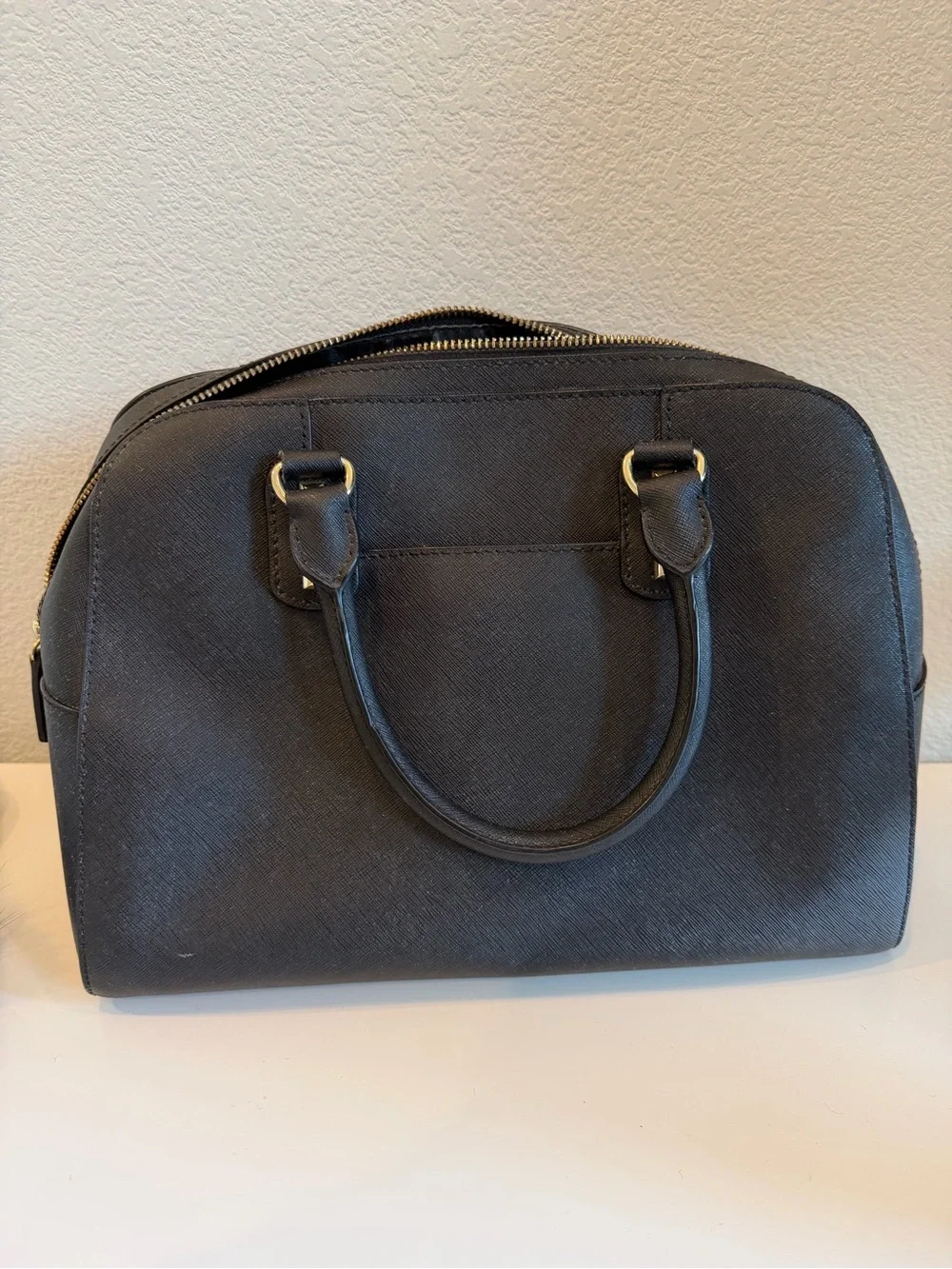 Michael Kors Black Saffiano Leather Studded Dome Satchel with Gold Hardware